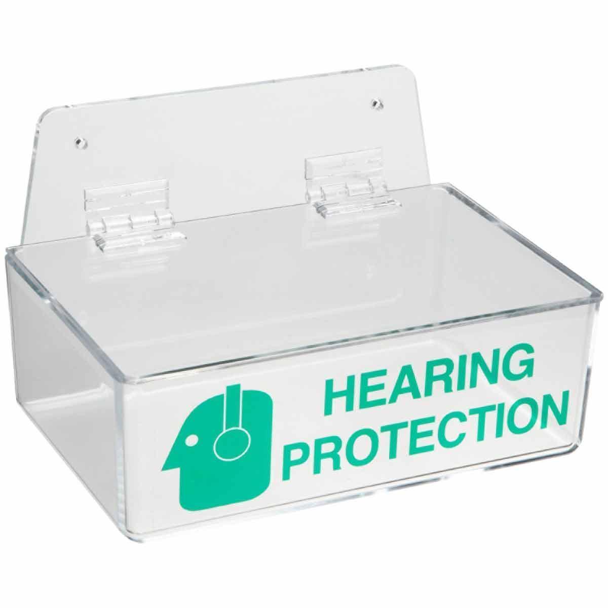 Ear Plug Dispenser, Compact, 3 Inch Height, 9 Inch Width, 6 Inch Depth, Acrylic, Clear/Green, Tabletop/Wall Mounting