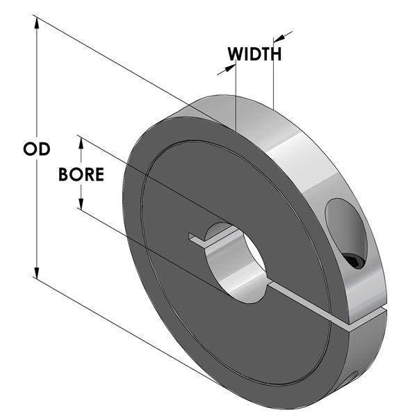 Collar, Series: CRR1C, 1-Piece Construction, 1/8 Inch Inside Diameter, 1-3/4 Inch Outside Diameter, 1/2 Inch Width, Hex Socket Cap Screw Style, 1/4-28 x 5/8 Inch Screw, Stainless Steel, Plain