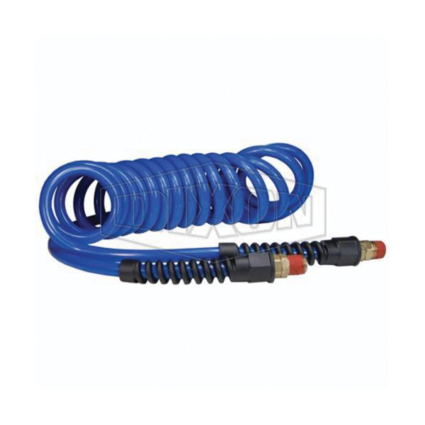 Air Hose, Self-Storing, 1/2 Inch Nominal, MNPT End Style, 15 ft Length, 155 psi Working, Polyurethane, Blue, Domestic
