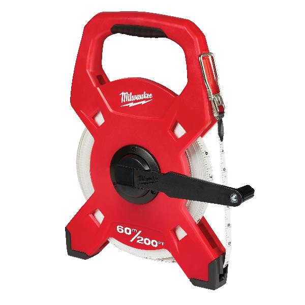 Fiberglass Open Reel Long Tape, Lockable, Measuring System: Imperial, 200 ft Blade Length, 1/2 in Blade Width, Fiberglass Blade, Graduations: Double Sided, Smooth Retraction Rewind, Open Reel Case, Plastic Case, Black/Red Case