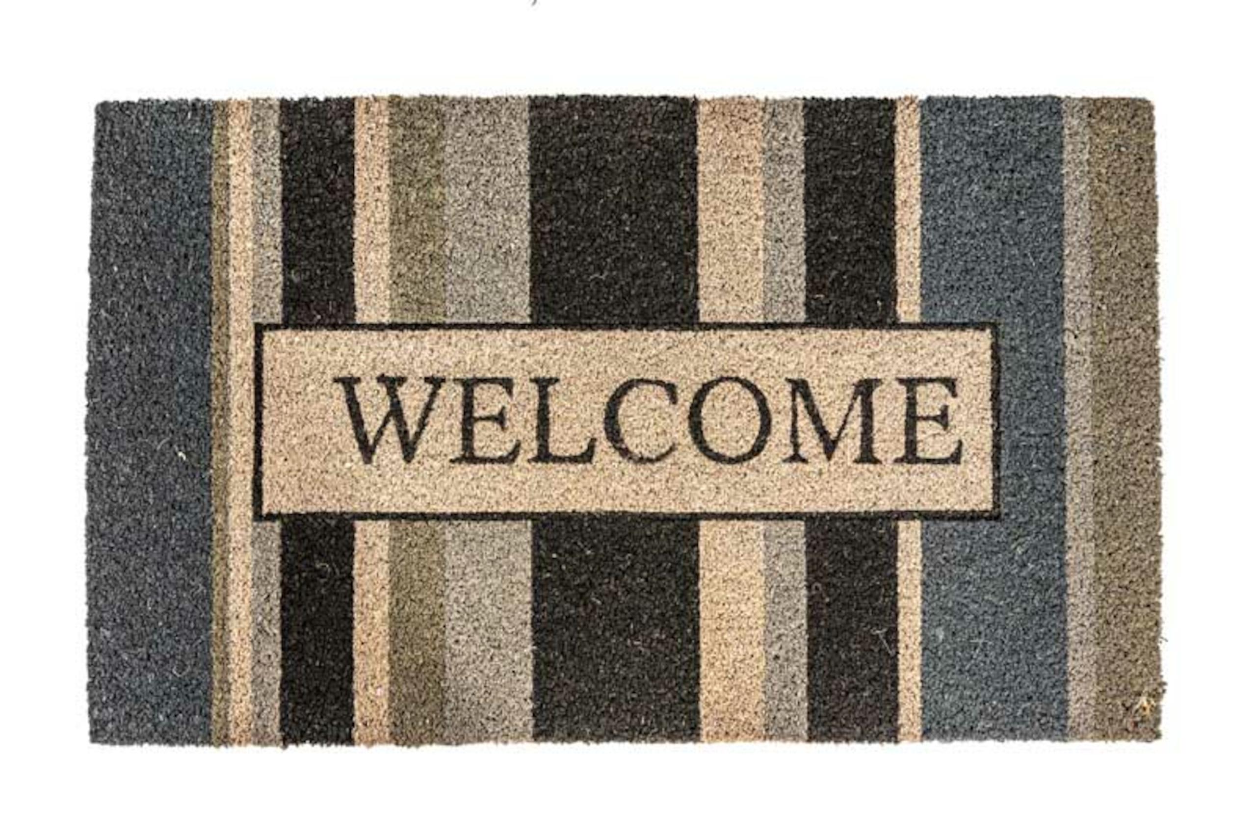 Entrance Mat, Welcome Coir Vinyl-Backed, Series: C12WG, 30 in Length, 18 in Width, 1/2 in Thickness, Natural, Coir, Vinyl Backing, Outdoor Indoor/Outdoor