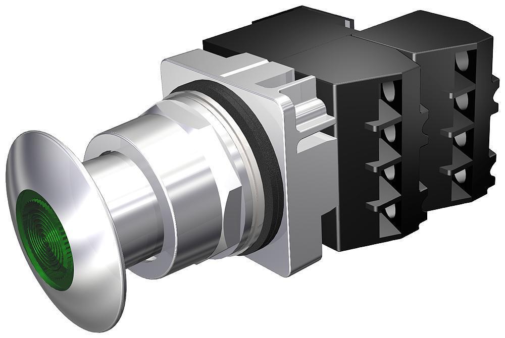 Illuminated Push-Pull Switch, 30 mm Size, 2NC ContConfiguration, Silver Contact, Momentary-In/Momentary-Out ContMode, 60 A at 110 VAC, 30 A at 230 VAC, 15 A at 400 VAC, 12 A at 500 VAC Contact, 44.5 mm Mushroom Head Operator, 3 Positions, Incandescen