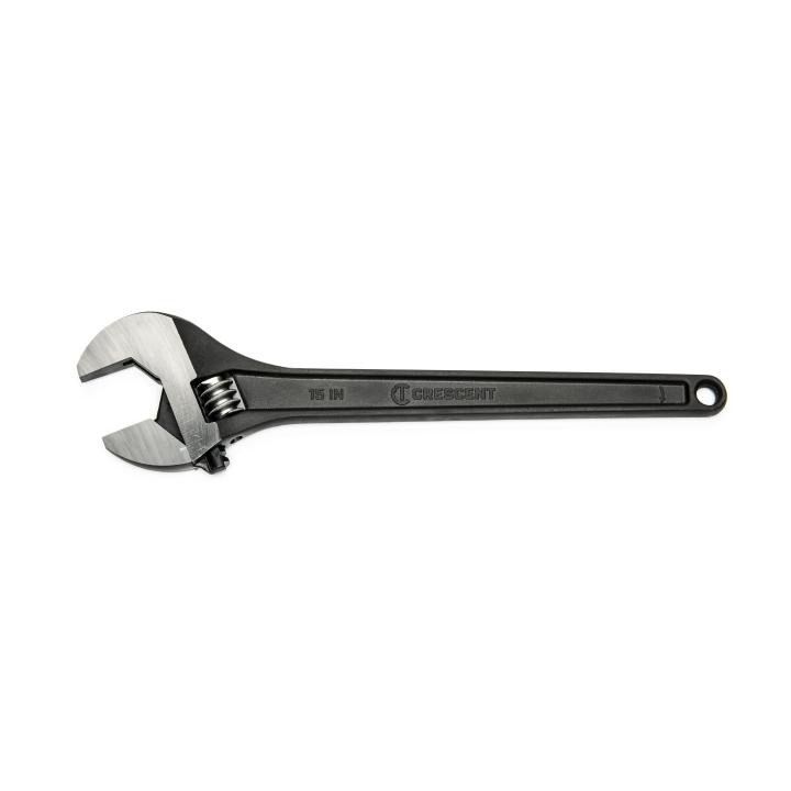 Adjustable Wrench, 1-11/16 in Wrench Opening, 15 in Overall Length, 4.19 in Jaw Width, 0.59 in Jaw Thickness, Tapered Non-Cushion Grip, Heat Treated Alloy Steel Body, Heat Treated Alloy Steel, Black Oxide