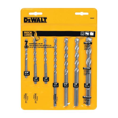 Hammer Drill Bit Set, Premium Percussion, Imperial System of Measurement, 3/16 in Minimum Drill Bit Size, 1/2 in Maximum Drill Bit Size, 7 Piece, Specifications: Round with Flats Shank, For Use With: All Brands Electric and Cordless Hammer Drills Inc
