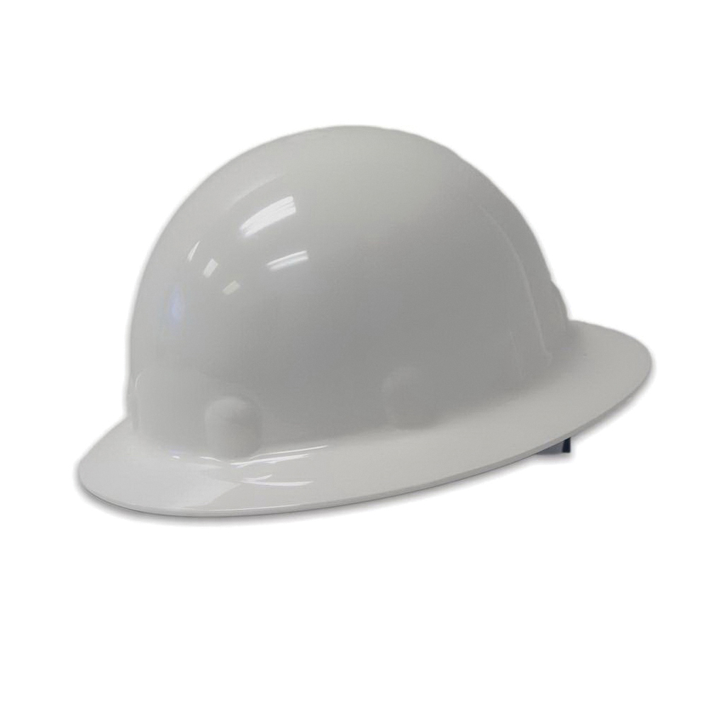 Hard Hat, Full Brim, Series: E1, Unisex Size, White, Thermoplastic, 8-Point Suspension, ANSI Electrical Class Rating: Class C, E and G, ANSI Impact Rating: Type I, Slotted: No, Ratchet Adjustment