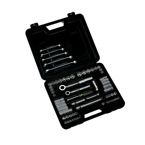 Mechanics Tool Set, Master, Measurement System: Imperial, 1/4 in, 3/8 in Drive, Round Head Shape, 6, 12 Points, Ratchet Knurled Handle, 75 Piece, Sockets Included: Yes, Specifications Met: ANSI Specified, Steel, High Polished Chrome