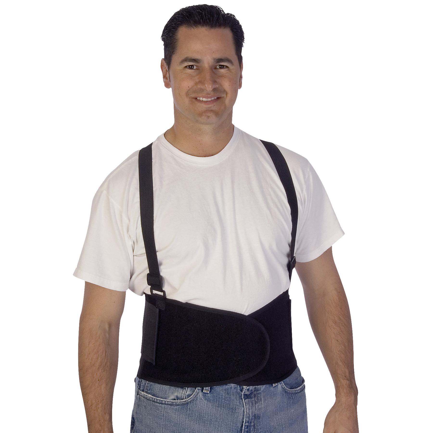 Back Support Belt, Adjustable, Series: 1908, 4XL Size, 8 in Width, Elastic, Black, Attached Suspenders, Hook and Loop Closure