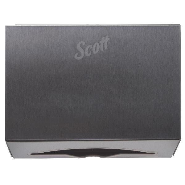 Towel Dispenser, Compact, Series: SCOTTFOLD*, 9 in Overall Length, 10.63 in Overall Width, 4-3/4 in Overall Height, Wall Mounting, Stainless Steel, Metallic Finish/Color, Import