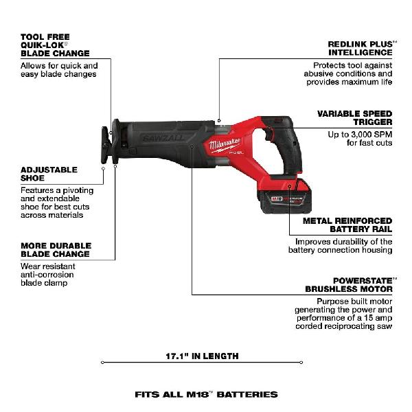 Cordless Tool, Tool/Kit: Kit, Series: Fuel, Hammer Drill/Impact Driver/Reciprocating Saw/Circular Saw/LED Work Light, 18 V, Lithium-ion Battery, Specifications: 1/2 inch Hammer Drill/1/4 inch Impact Driver/SAWZALL Reciprocating Saw/6-1/2 Circular Saw/LED work light, 5 Piece, Bag Package Type, Red