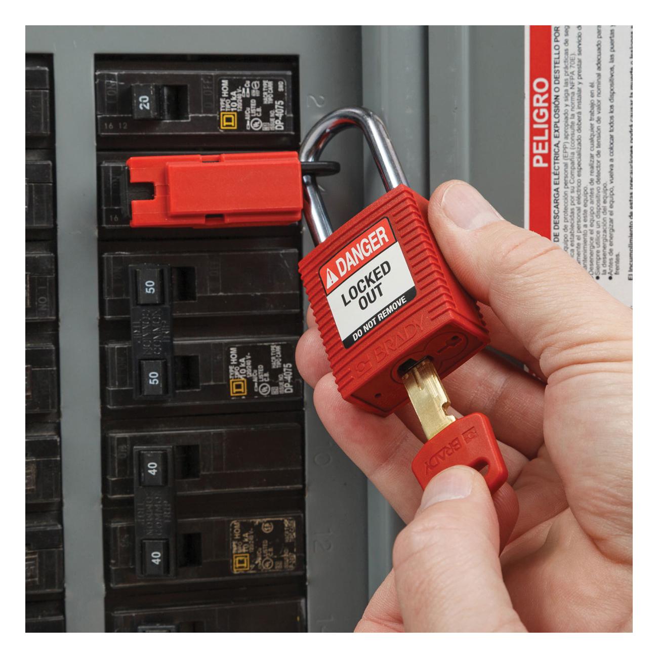 Lockout Padlock, Standard, Series: SafeKey, Alike Key, Orange, LOTO-101 Nylon Body, 1/4 Inch Shackle Diameter, 1-1/2 Inch Shackle Height, 0.8 Inch Shackle Width, Steel Shackle, 3/4 Inch Body Length, 1-1/2 Inch Body Width, 6-Pin Locking Mechanism, Legend: DANGER LOCKED OUT DO NOT REMOVE, PROPERTY OF, Non-Conductive Conductivity
