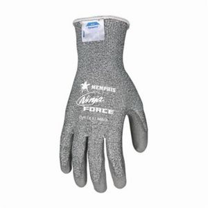 Series: Ninja® Force N9677, L, Polyurethane Palm, Polyurethane Coating, Dyneema®, Gray/Pepper/Salt, Ambidextrous Hand, Standard Finger/Full Finger/Wing Thumb, Synthetic Fiber/HPPE/Fiberglass, Knit Wrist Cuff, 13.63 in Length, ANSI Cut-Resistance Leve