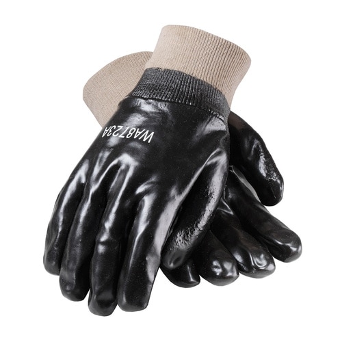 Chemical-Resistant Gloves, Series: WA8723, L Size, PVC, Black, Smooth, Paired Hand, Interlock Lining, Knit Wrist Cuff, PVC Dipped Coating, Resists: Chemical, Debris and Dirt