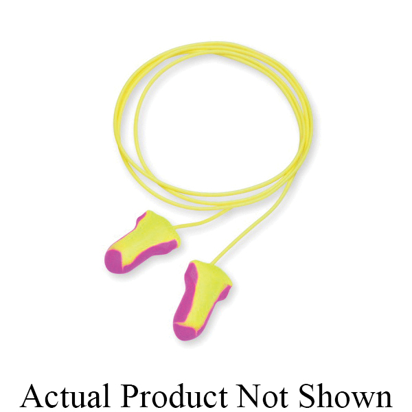 Ear Plug, Corded Single Use, Series: Laser Lite®, 32 dB Noise Reduction Rating, Contoured T-Shape, Universal, Magenta/Yellow Plug, Polyurethane Foam Plug, Yellow Cord, PVC Cord