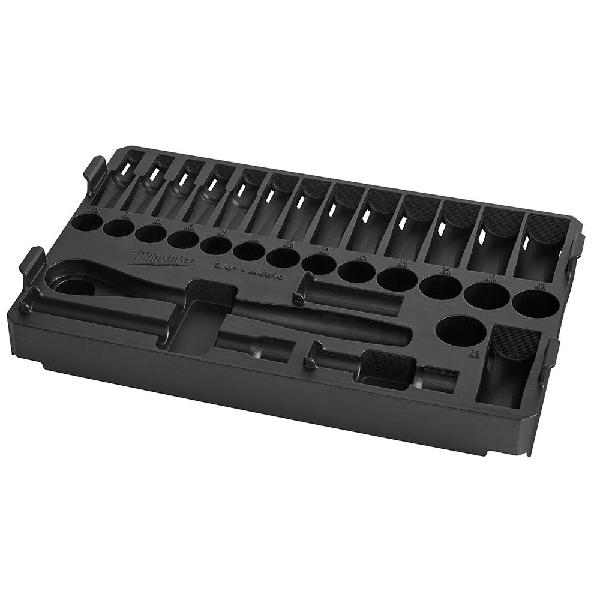 Storage Tray, 3/8 in Drive, 12.01 in Overall Length, 7.68 in Overall Width, 1.65 in Overall Height, 32 Piece, For Use With: 48-22-8431 and 48-22-8436 Low-Profile Compact Organizer, 48-22-9508 Ratchet and Socket Set, Plastic, Black