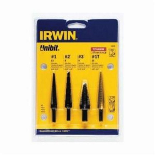 Step Drill Set, General Purpose, Imperial System of Measurement, #3 Minimum Drill Bit Size, #1 Maximum Drill Bit Size, 4 Piece, Specifications: 3-Flat Hex Shank, Standard Point, HSS, TiN Coated
