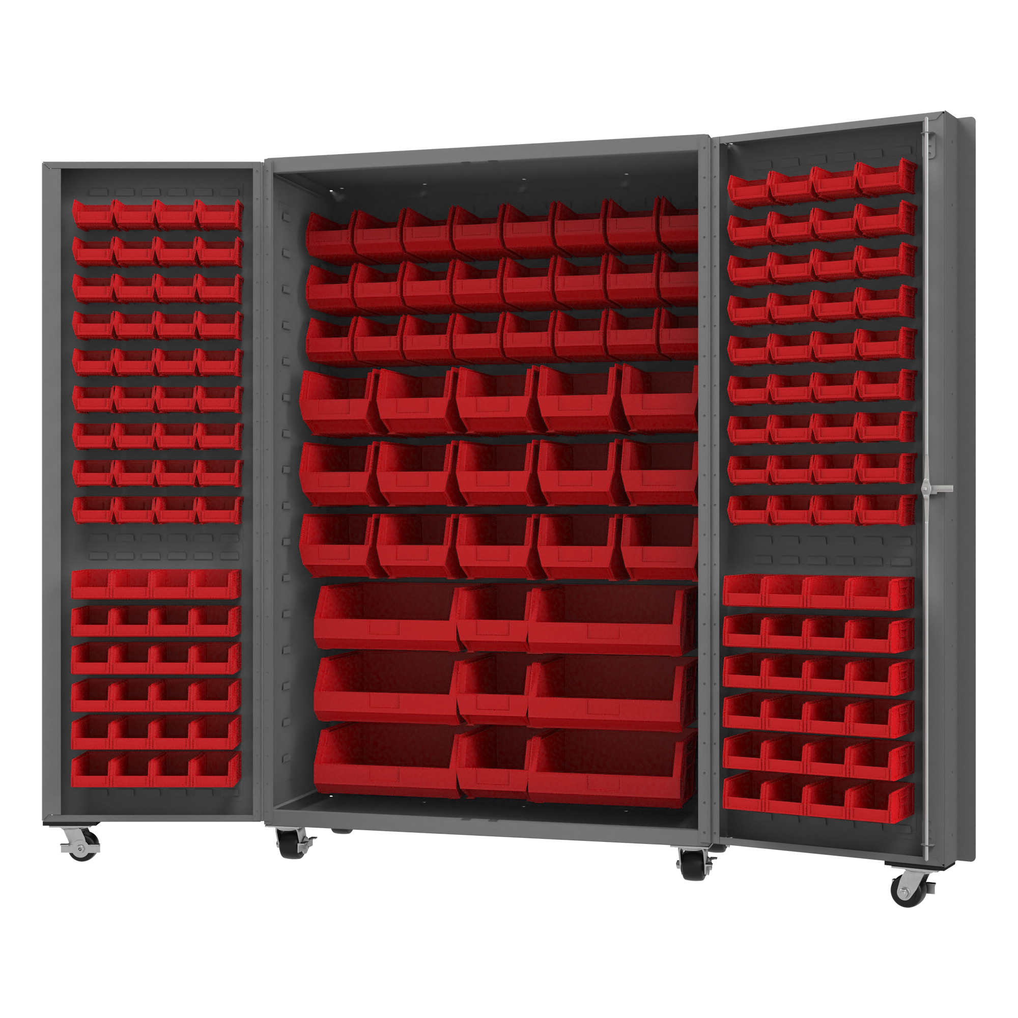 Bin Cabinet, Heavy Duty, 48 Inch Overall Width, 76 Inch Overall Height, Steel, Gray, 14 ga Gauge Thickness, 168 Bins, Red Bin, (72) 4 x 5 x 3 Inch, (48) 4 x 7 x 3 Inch, (24) 6 x 11 x 5 Inch, (18) 8 x 15 x 7 Inch, (6) 16 x 15 x 7 Inch Bin