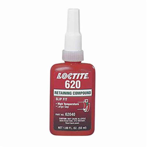 Retaining Compound, High Temperature, Series: 620™, Bottle, 50 mL, Green, Mild, -65 to 450 deg F, 1.16 Specific Gravity, 199.94 deg F Flash, 2.24 g/L VOC, 8500 cPs Viscosity Rating, 3800 psi Shear Strength