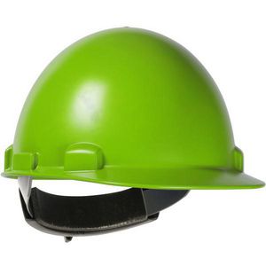 Hard Hat, Cap Style Non-Vented Smooth Dome Standard Brim, Series: 280-HP841R, Universal Size, Fits Minimum Hat Size: 6, Fits Maximum Hat Size: 8, Lime Green, Foam Polyethylene/Nylon, 4-Point Quick-Release/Textile Suspension, ANSI Electrical Class Rating: Class E, Graphics: Custom Logo, Wheel Ratchet Adjustment