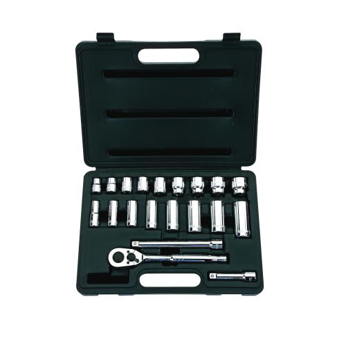 Socket Set, Mixed, Measurement System: Imperial, 3/8 in Drive, Pear Head Shape, 12 Points, 20 Piece, Sockets Included: Yes, ANSI Specified, Forged Steel, Full Polished