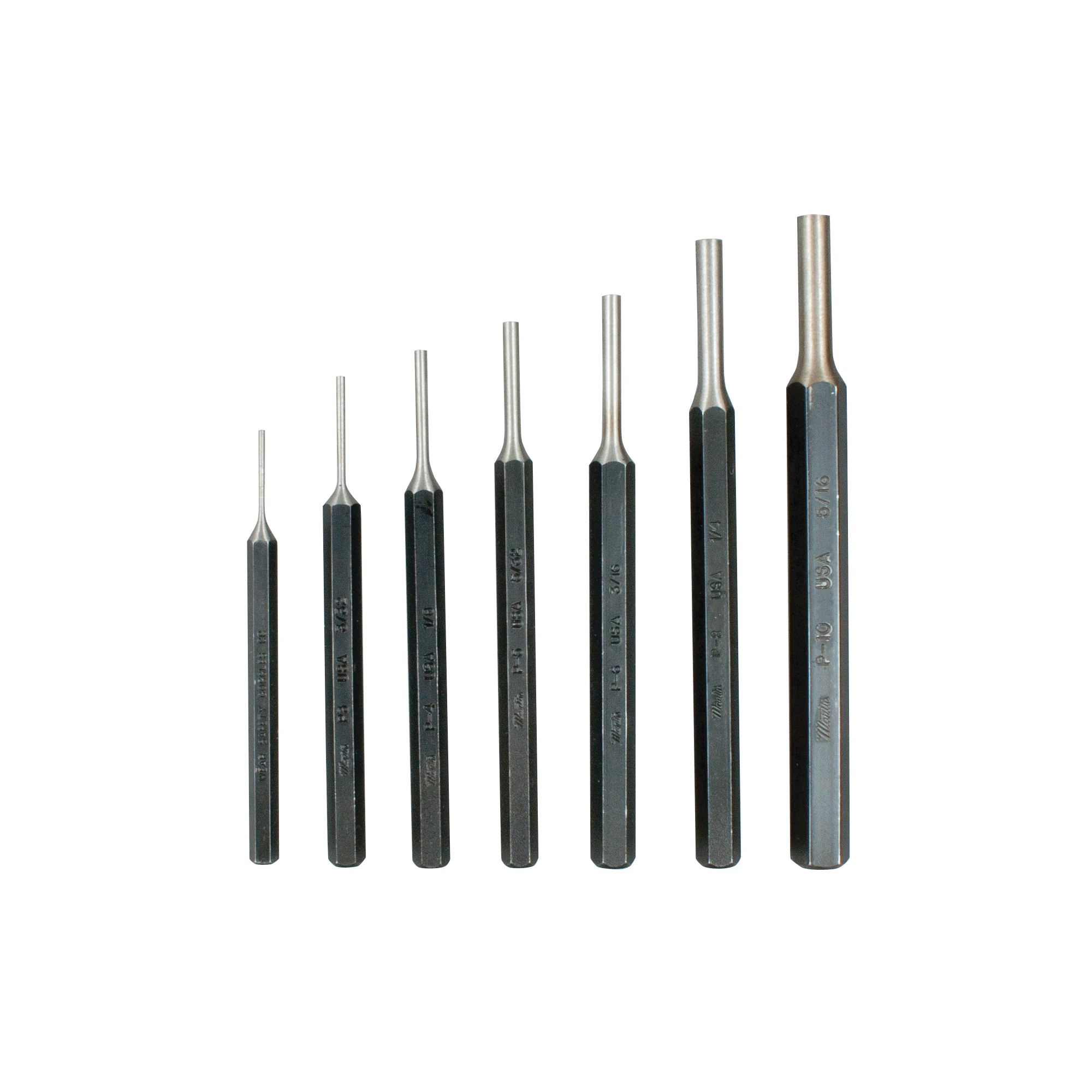 Punch Set, Pin, 1/16 Inch to 5/16 Inch Punch, 7 Piece, Straight Shank, Alloy Steel, Plain