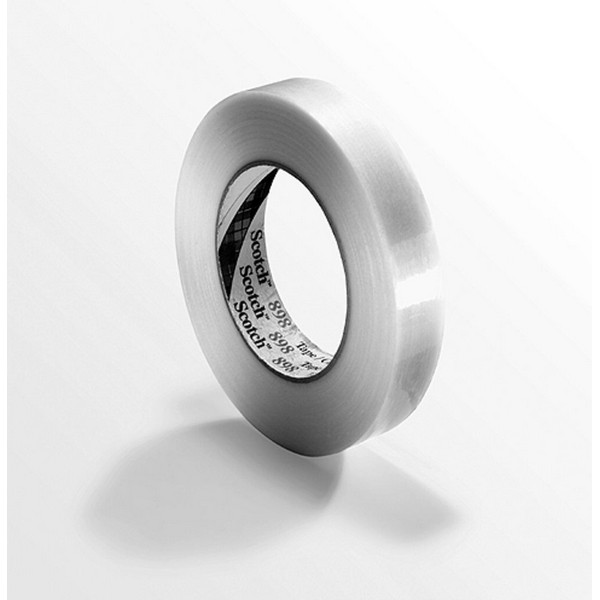 Filament Tape, Reinforced Strapping, 55 m Length, 12 mm Width, 6.6 mil Thickness, Fiberglass Yarn Filament, Clear, 3 Inch Diameter Core, Synthetic Rubber Adhesive, Polypropylene Backing, 70 in-oz Adhesion Strength, 380 in-lb Tensile Strength, 80 °F Max