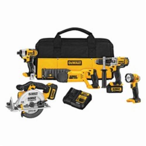 Cordless Combination Kit, 5-Tool Compact, Circular Saw, Hammer Drill, Impact Driver, Reciprocating Saw, 20 VDC, Lithium-Ion, 3 Ah Battery, Contractor Bag Package Type, Yellow