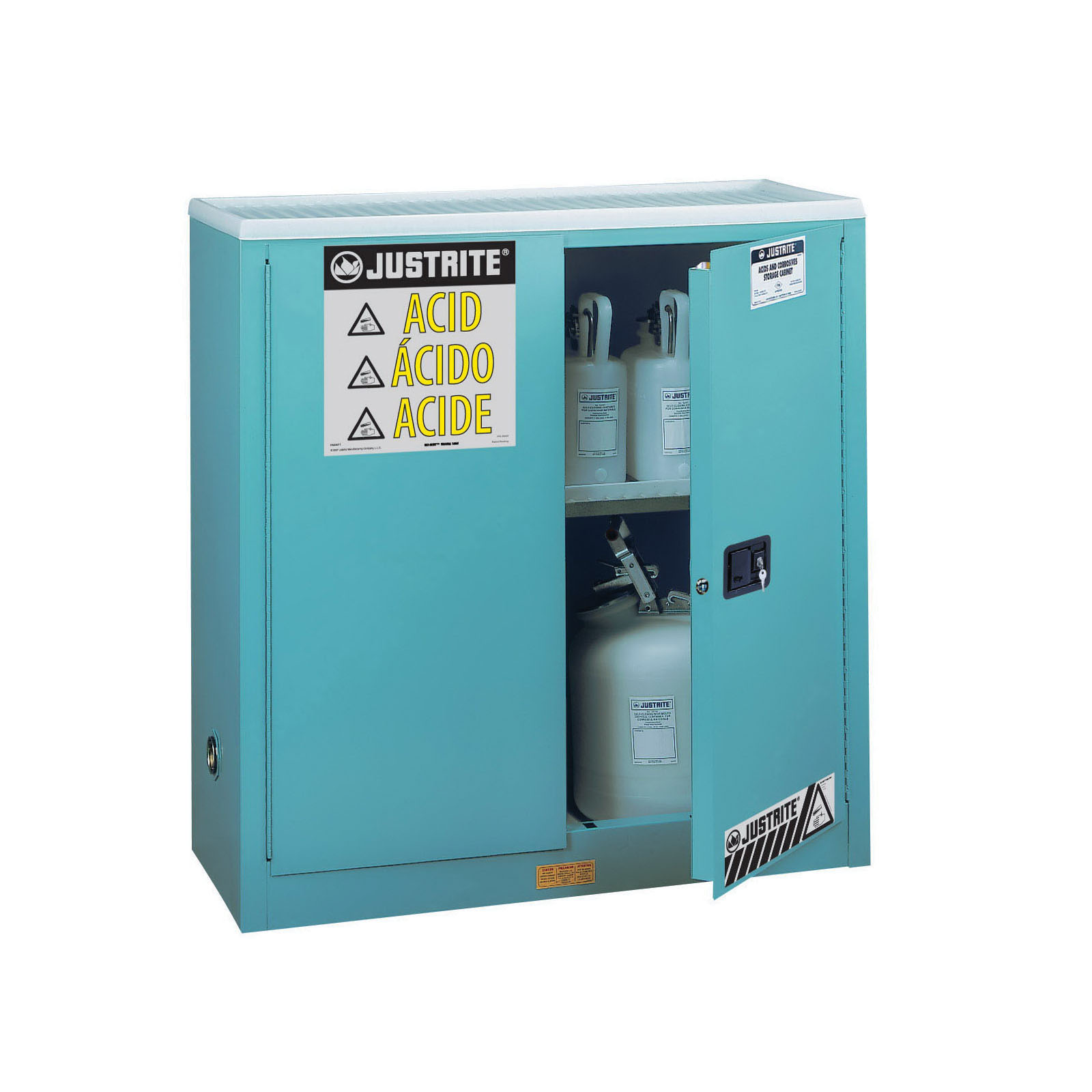 Corrosive Safety Cabinet, Classic, Series: Sure-Grip® EX, 30 gal, 44 in Height, 43 in Width, 18 in Depth, Manual Close Door, 2 Doors, 1 Shelves, 18 Gauge Cold Rolled Steel, Powder Coated, Blue
