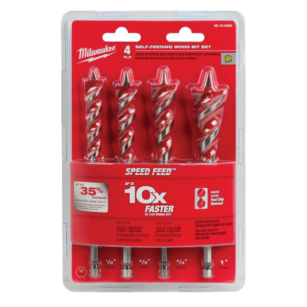 Wood Drill Bit Set, 4 Piece, Specifications: 6 in L Bit, 1/4 in Hex Shank, Alloy Steel
