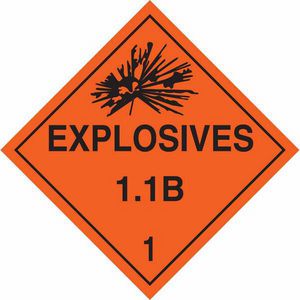 DOT Vehicle Placard Sign, Diamond, Legend: EXPLOSIVES 1.1B 1, Black on Orange Legend/Background, 10-3/4 Inch Height, 10-3/4 Inch Width, B-101 Polycoated Tagstock, Class: 1.1B