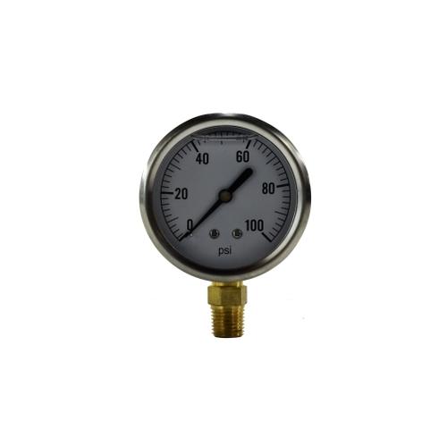 Gauge, Liquid Filled, 0 to 300 psi Pressure, 1/4 in Connection, 2-1/2 in Diameter Dial, +/- 1.5 % Accuracy, -104 to 158 °F, Lower Mounting, Stainless Steel, 2.8 in Dia x 1.28 in D Dimensions