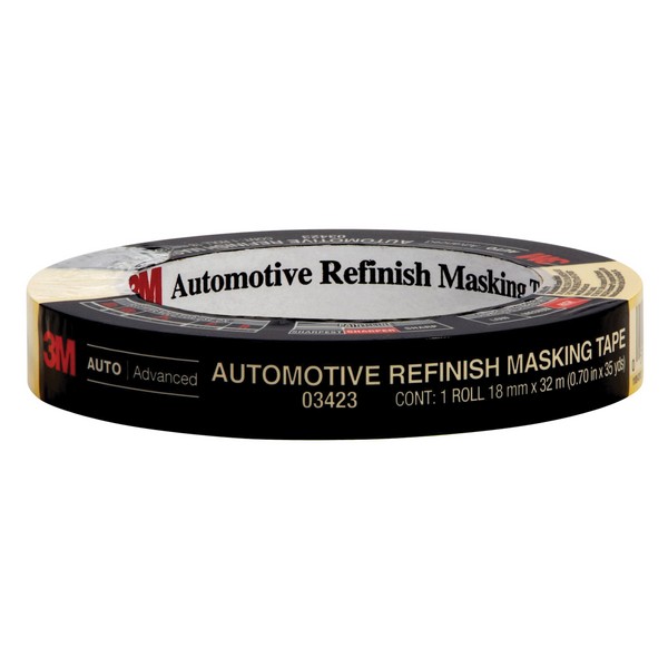 Masking Tape, Automotive Refinish, 32 m Length, 36 mm Width, 6.3 mil Thickness, Yellow, Rubber Adhesive, Crepe Paper Backing, 37 in-oz Adhesion Strength, 28 in-lb Tensile Strength, 250 °F Maximum Operating, Specifications Met: ASTM D3330, ASTM D3759,