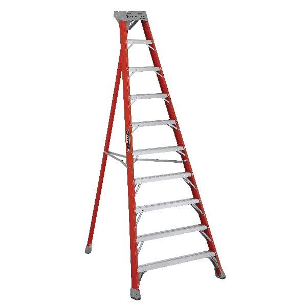 Tripod Step Ladder, Non-Conductive, Series: FT1500, 10 ft Ladder Height, 300 lb Capacity, ANSI A14.2 Type IA, Fiberglass, 9 Steps, 67 in Base Spread, 50-3/4 in Bottom Width, Ribbed Tread