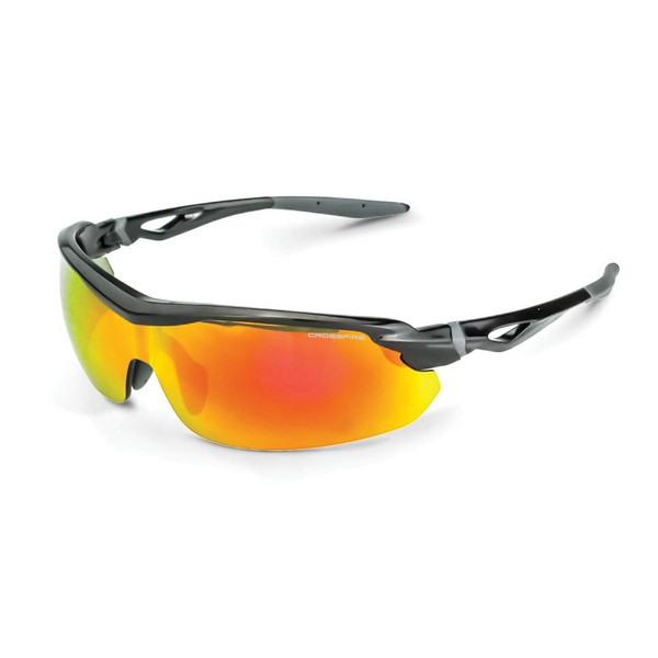 Safety Eyewear, Premium, Series: Cirrus, Hard Coated Lens Coating, Red Mirror Lens, Half Framed Frame, Shiny Black Frame, Polycarbonate Lens, 99.9 % UV Protection, Specifications Met: ANSI Z87.1