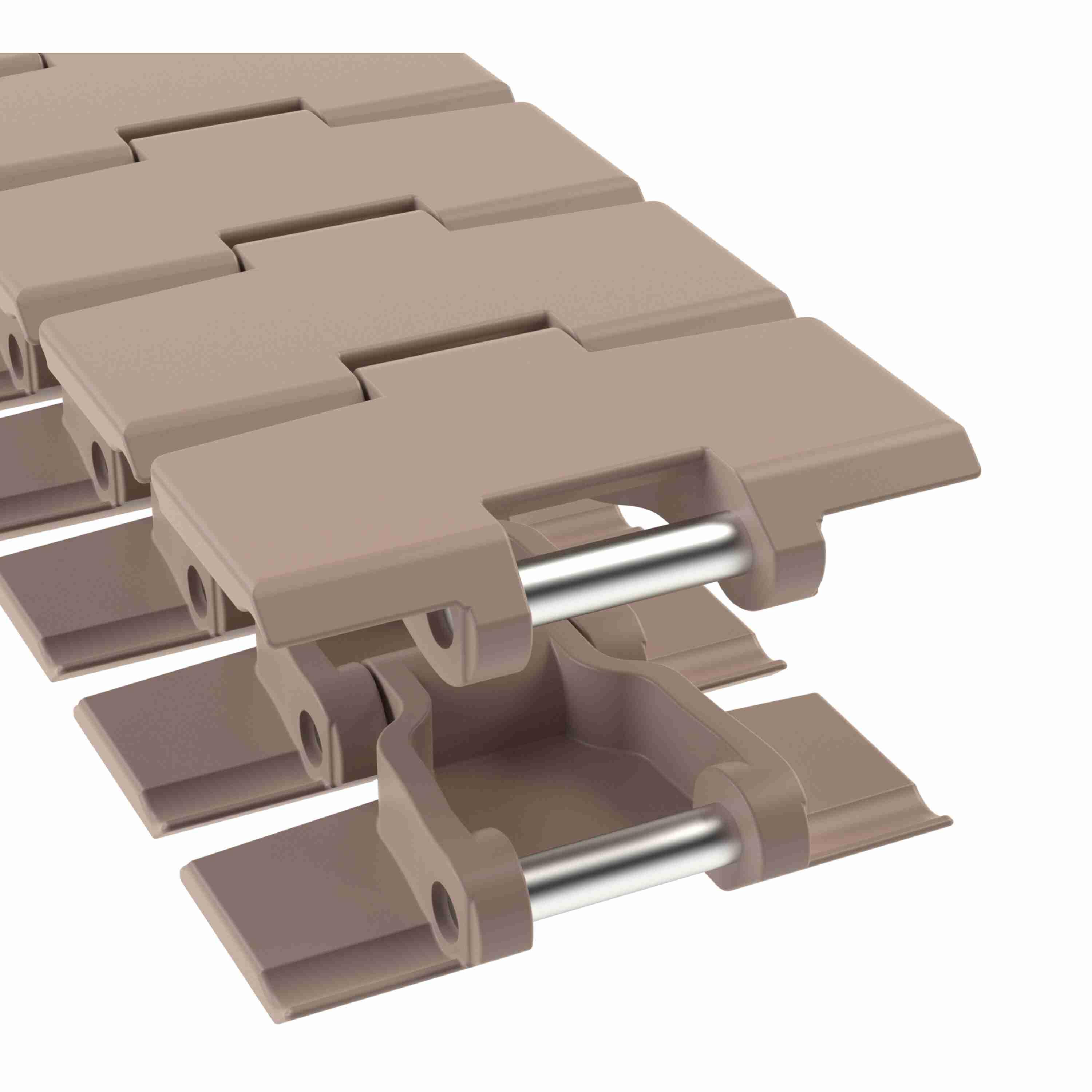 Tabletop Chain, Side-Flexing, Series: 879, 1.5 in Pitch, 3.25 in Plate Width, 4.8 mm Plate Thickness, 500 mm Minimum Side-Flex Radius, 50 mm Minimum Back-Flex Radius, 473 lb Tensile Strength, 10 ft Overall Length, Acetal, Tan