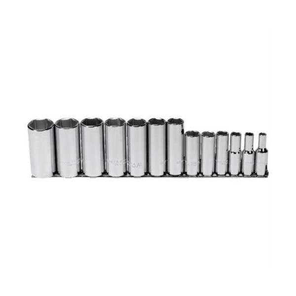 Socket Set, Deep, Measurement System: Imperial, 13 Piece, 6 Points, Included Socket Size: 1/4 to 1/16 in, 3/8 in Drive, Specifications Met: ASME B107.1, Full Polished