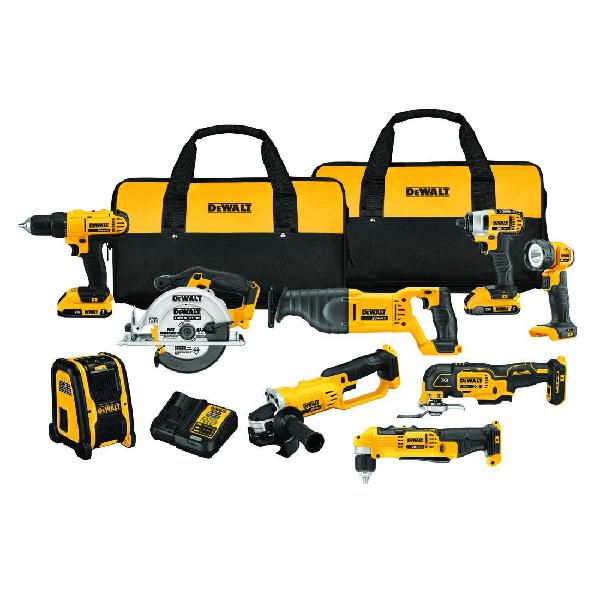 Cordless Combination Kit, 9-Tool, Tool/Kit: Kit, Drill, Oscillating Multi-Tool, Reciprocating Saw, Right Angle Drill, Impact Driver, Jobsite Radio, Angle Grinder, Wood Circular Saw, Flashlight, 20 VDC, Lithium-Ion, 2 Ah Battery, Contractor Bag Packag
