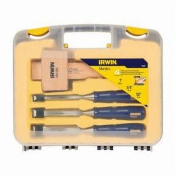 Chisel Set, 1/2 to 1 in Chisel, 3 Number of Chisels, 4 Piece, 1/2 in, 3/4 in, 1 in Chisels, Mallet and Case Set Contents, Hardened Steel, Blue