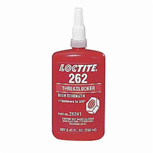 Threadlocker, High Strength Medium Viscosity Permanent, Series: 262™, Bottle Container, 250 mL Container, Red, -65 to 300 deg F, 1.05 Specific Gravity, <gt/>199.94 deg F Flash Point, 1800 to 5000 cPs Viscosity, Applicable Materials: Metal, Brass and