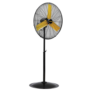 Air Circulator Fan, 1-Phase High Velocity, 8500/7000/6000 cfm, 760/840/950 RPM Speed, 1/3 HP Power, 120 V AC, 2.5 A, 60 Hz Frequency, 3 Speed, 3 Blades, Direct Drive Control, Balanced Steel Blade, Steel Housing Material, Pedestal Mounting, 11.8 ft Cord, 30 in Dia Dimensions, Import