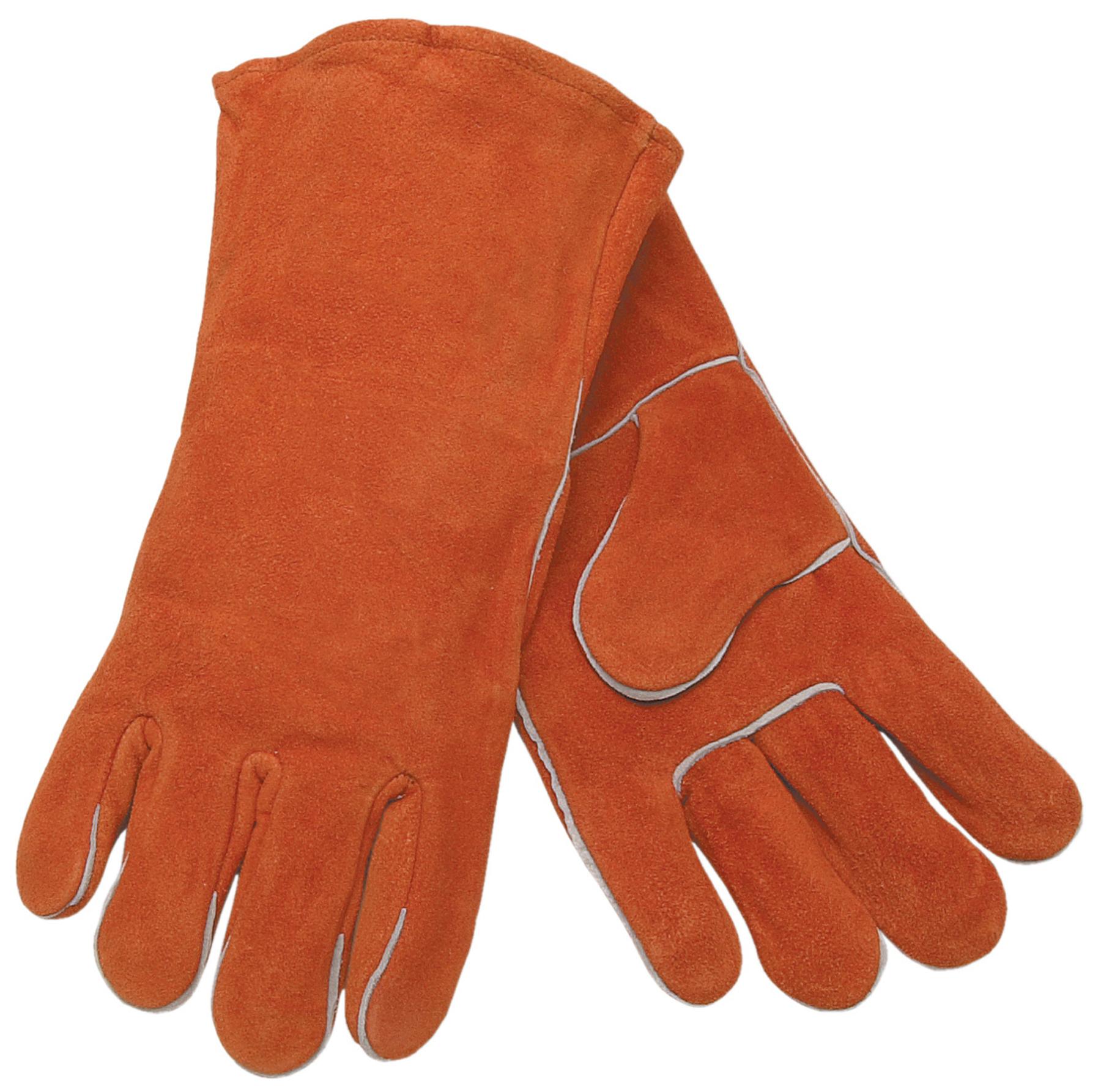 Gloves, Welding, XL Size, Split Leather Palm, Russet, Wing Thumb Style, Cotton Fleece Lining, 1.1 to 1.6 mm Glove Material