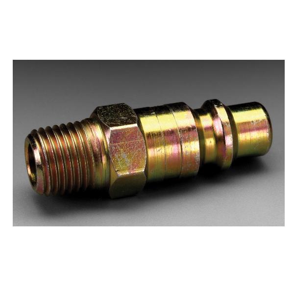 Plug, Industrial Interchange, Series: Whitecap™, For Use With: 3M™ W-3195 Connector which is used on W-3020 Supplied Air Hoses, Specifications: 3/8 in Body, 1/4 in MPT, 100/50 cfm Air Flow, Steel, Metallic