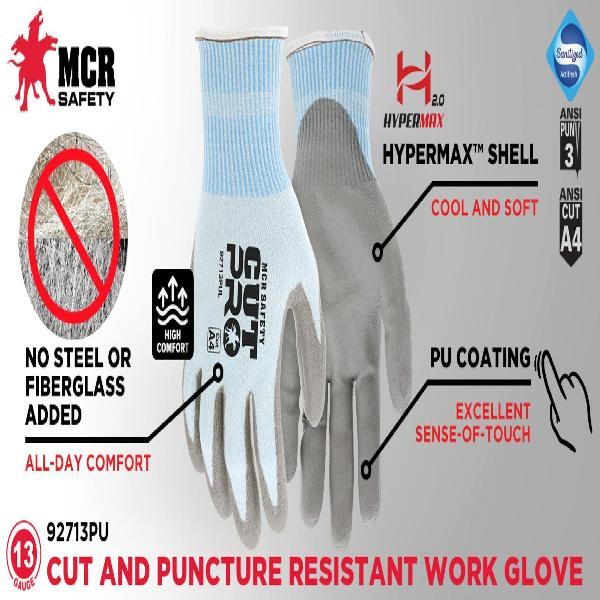 Gloves, Series: CutPro, L Size, Polyurethane Palm, Hypermax, Gray, Knit Wrist Cuff, Palm/Fingertip Coating Coverage, Resists: Cut/Abrasion/Puncture
