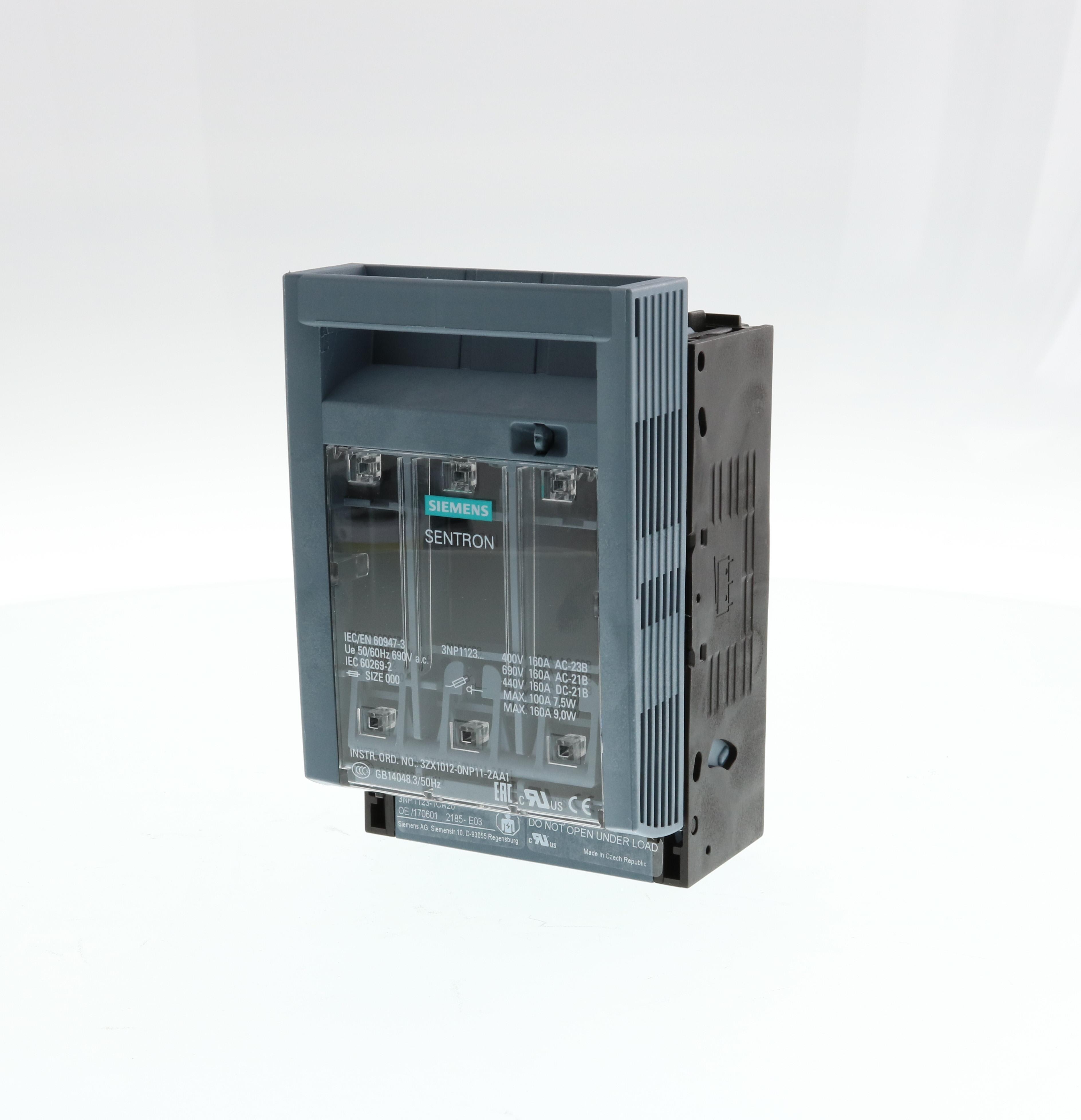 Fuse Switch Disconnector, Series: 3NP1, 690 V, 160 A, 3 Pole, LV HRC Fuse, NH000 Fuse, Surface Mount, -25 to 55 °C Operating, 4 in W, 6 in Height, 3 in D