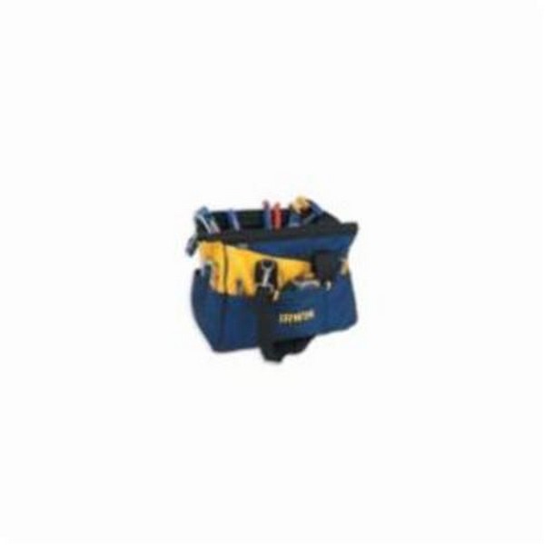 Contractors Bag, Soft Sided, 16 in Overall Width, 16 in Overall Depth, 16 in Overall Height, 9 Inside/11 Outside Pockets, Vinyl, Black/Blue/Yellow