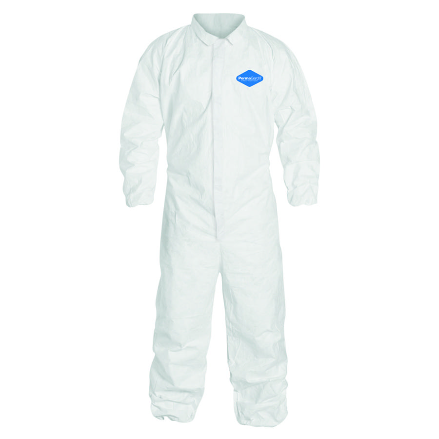 Coverall, Collar, Series: E18125, 3XL Size, White, Polypropylene, Serged Seam, Front Zipper Closure