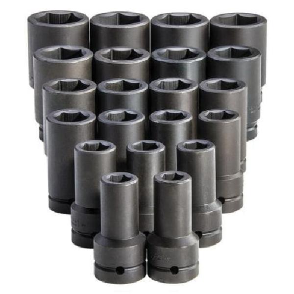 Impact Socket Set, Impact Rated: Yes, Measurement System: Imperial, 21 Piece, 6 Points, Included Socket Size: 3/4 to 2 in, 1 in Drive, Specifications Met: ASME Specified, Alloy Steel, Black Oxide