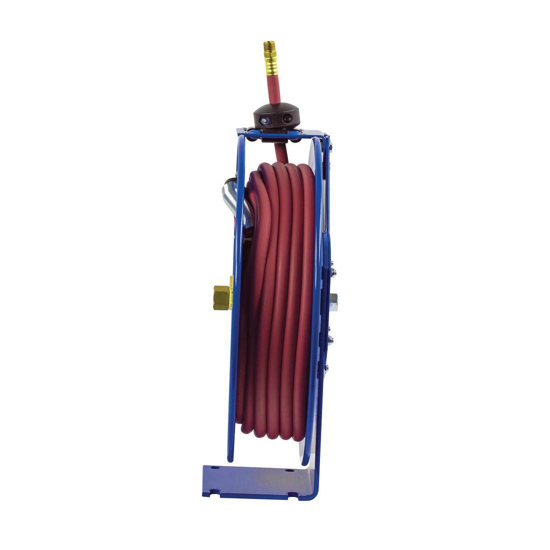Spring Driven Hose Reel, 1-Pedestal Low Pressure Performance, Series: P Series, 1/2 in ID x 3/4 in OD x 25 ft L Hose, 300 PSI Pressure, Cartridge Style Spring Motor Drive, Bench/Ceiling/Floor/Vehicle Mounting, Brass Swivel, Nitrile Seal, 17-1/8 in L x 7 in W x 18-5/8 in H Dimensions, Steel, CPC™ Powder Coated, Blue, Import