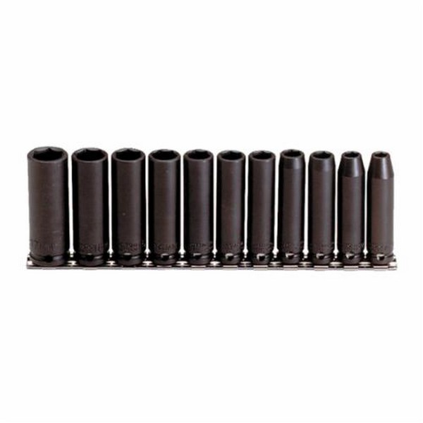 Socket Set, Deep, Yes Impact Rated, Measurement System: Metric, 11 Piece, 6 Points, Included Socket Size: 7 to 17 mm, 3/8 in Drive, Specifications Met: ASME B107.33M, Alloy Steel, Black Oxide