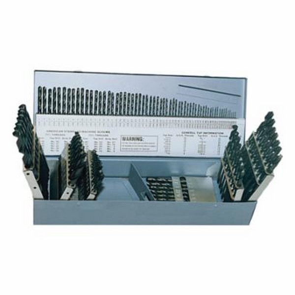 Jobber Length Drill Set, Heavy Duty, Series: 1801, Imperial System of Measurement, 135 deg Drill Point Angle, 115 Piece, Specifications: Right Hand Cut, Spiral Flute, Split Point, Straight Shank, HSS, Steam Oxide