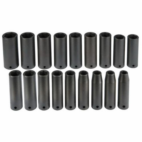 Socket Set, Deep, Yes Impact Rated, Measurement System: Metric, 18 Piece, 6 Points, Included Socket Size: 10 to 27 mm, 1/2 in Drive, Specifications Met: ASME B107.33M, Alloy Steel, Black Oxide